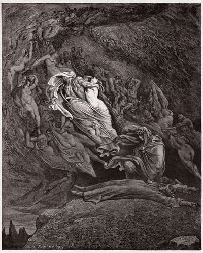 The Divine Comedy (La Divina Commedia, La Divine Comedie), Inferno, Canto 5: Francesca beskriver hennes död - av Dante Alighieri (1265-1321) - Illustration av Gustave Dore (1832-1883) av Gustave Dore