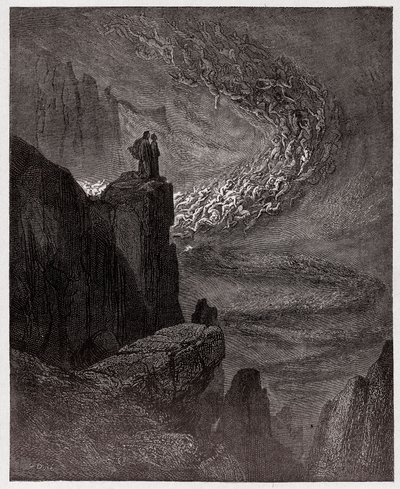The Divine Comedy (La Divina Commedia, La Divine Comedie), Inferno, Canto 5: Minos dömer överträdelserna och skickar ut själarna - av Dante Alighieri (1265-1321) - Illustration av Gustave Dore (1832-1883) av Gustave Dore