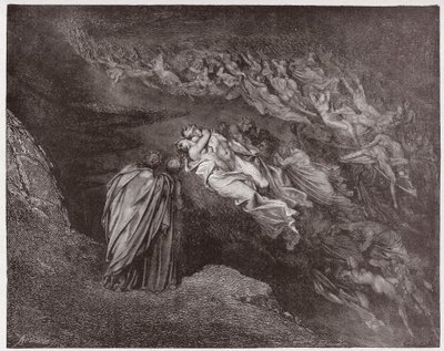 The Divine Comedy (La Divina Commedia, La Divine Comedie), Inferno, Canto 5: Francescas själ talar till Dante - av Dante Alighieri (1265-1321) - Illustration av Gustave Dore (1832-1883) av Gustave Dore