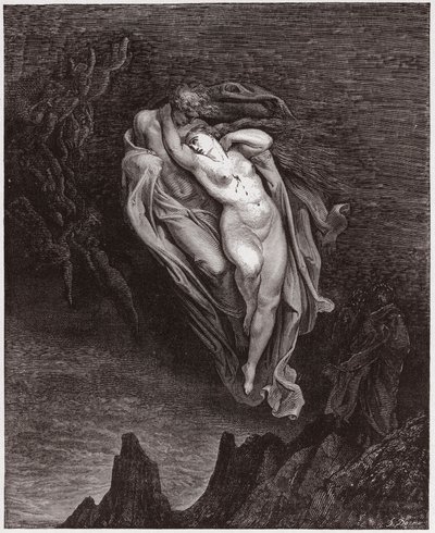 The Divine Comedy (La Divina Commedia, La Divine Comedie), Inferno, Canto 5: The souls of Paolo and Francesca - av Dante Alighieri (1265-1321) - Illustration av Gustave Dore (1832-1883) av Gustave Dore