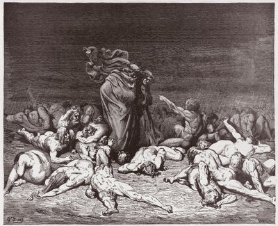 Den gudomliga komedin (La Divina Commedia, La Divine Comedie), Inferno, Canto 6: Frossarna som slagits av evigt regn - av Dante Alighieri (1265-1321) - Illustration av Gustave Dore (1832-1883) av Gustave Dore