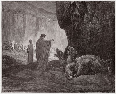 The Divine Comedy (La Divina Commedia, La Divine Comedie), Inferno, Canto 6: Virgil matar Cerberus i den tredje cirkeln - av Dante Alighieri (1265-1321) - Illustration av Gustave Dore (1832-1883) av Gustave Dore