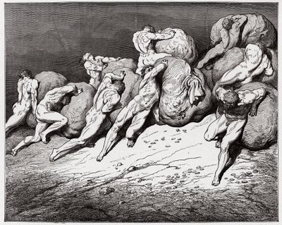 Den gudomliga komedin (La Divina Commedia, La Divine Comedie), Inferno, Canto 7: De girigas och de förlorades själar tvingas rulla tunga stenar - av Dante Alighieri (1265-1321) - Illustration av Gustave Dore (1832-1883) av Gustave Dore