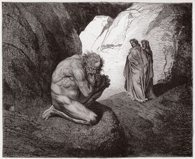 The Divine Comedy (La Divina Commedia, La Divine Comedie), Inferno, Canto 7: Vergilius tillrättavisar Plutus vid ingången till den fjärde cirkeln - av Dante Alighieri (1265-1321) - Illustration av Gustave Dore (1832-1883) av Gustave Dore