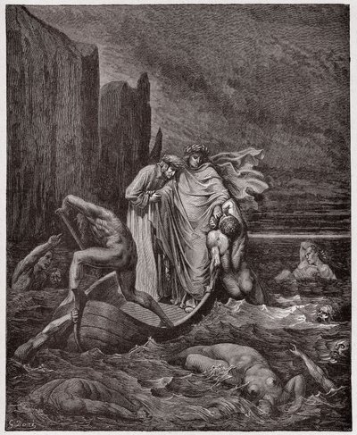 The Divine Comedy (La Divina Commedia, La Divine Comedie), Inferno, Canto 8: Florentinaren Philippo Argentis själ tilltalar poeterna på Styxen - av Dante Alighieri (1265-1321) - Illustration av Gustave Dore (1832-1883) av Gustave Dore