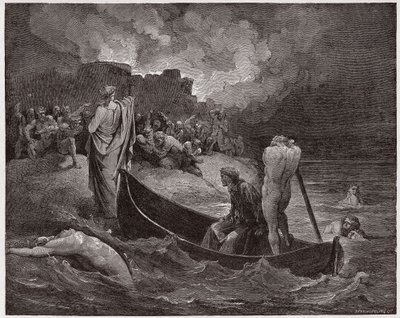 Den gudomliga komedin (La Divina Commedia, La Divine Comedie), Inferno, Canto 8: Vergilius och Dante går i land vid citadellet Dis - av Dante Alighieri (1265-1321) - Illustration av Gustave Dore (1832-1883) av Gustave Dore
