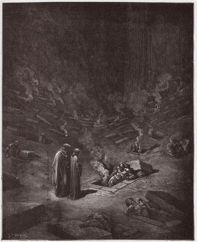 The Divine Comedy (La Divina Commedia, La Divine Comedie), Inferno, Canto 9: The burning sepulchres of the heresiarchs - av Dante Alighieri (1265-1321) - Illustration av Gustave Dore (1832-1883) av Gustave Dore