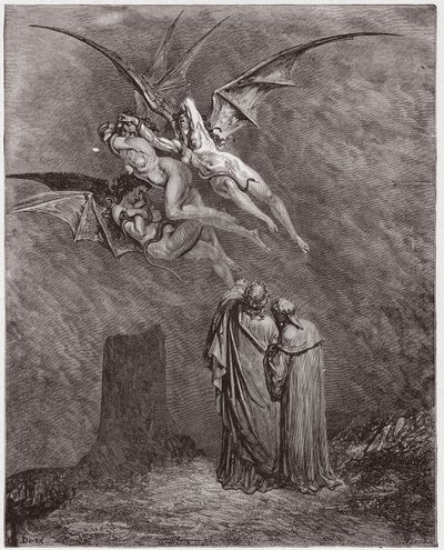 The Divine Comedy (La Divina Commedia, La Divine Comedie), Inferno, Canto 9: The heeous Erinyes: Megaera, Tisphone, Alecto - av Dante Alighieri (1265-1321) - Illustration av Gustave Dore (1832-1883) av Gustave Dore