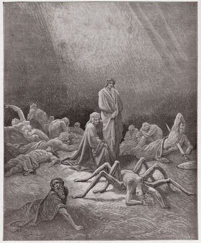 The Divine Comedy (La Divina Commedia, La Divine Comedie), Purgatorio, Canto 12: Dante ser på Arachnes själ - av Dante Alighieri (1265-1321) - Illustration av Gustave Dore (1832-1883) av Gustave Dore