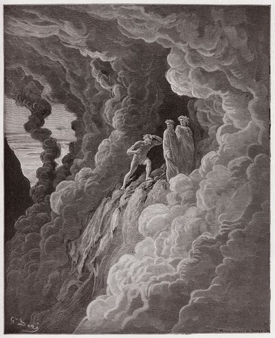 The Divine Comedy (La Divina Commedia, La Divine Comedie), Purgatorio, Canto 16: Marco Lombardo följer poeterna genom röken - av Dante Alighieri (1265-1321) - Illustration av Gustave Dore (1832-1883) av Gustave Dore
