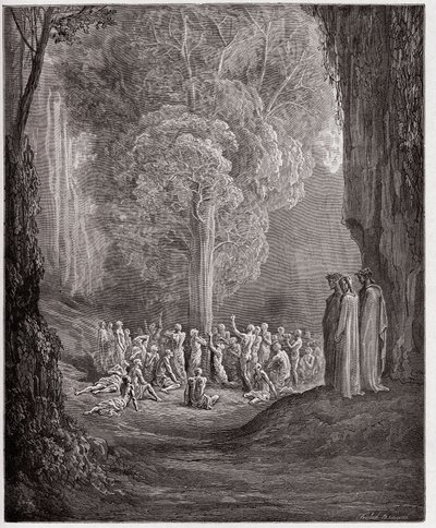 Den gudomliga komedin (La Divina Commedia, La Divine Comedie), Purgatorio, Canto 24: De frossande själarna som ropar under trädet - av Dante Alighieri (1265-1321) - Illustration av Gustave Dore (1832-1883) av Gustave Dore