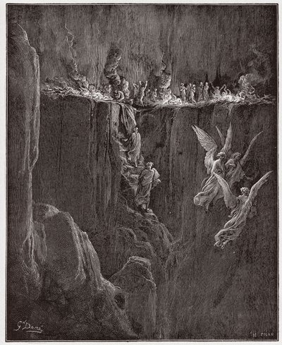 Den gudomliga komedin (La Divina Commedia, La Divine Comedie), Purgatorio, Canto 25: Vergilius och Dante stiger upp till den sjunde cirkeln genom lågor - av Dante Alighieri (1265-1321) - Illustration av Gustave Dore (1832-1883) av Gustave Dore