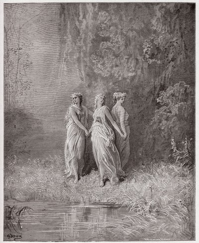 The Divine Comedy (La Divina Commedia, La Divine Comedie), Purgatorio, Canto 29: Charity, Hope, and Faith - av Dante Alighieri (1265-1321) - Illustration av Gustave Dore (1832-1883) av Gustave Dore