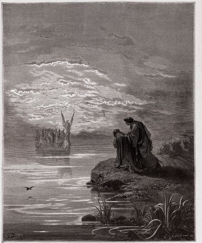The Divine Comedy (La Divina Commedia, La Divine Comedie), Purgatorio, Canto 2: Dante bugar sig för änglapiloten - av Dante Alighieri (1265-1321) - Illustration av Gustave Dore (1832-1883) av Gustave Dore