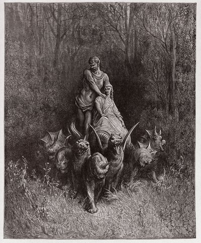 The Divine Comedy (La Divina Commedia, La Divine Comedie), Purgatorio, Canto 32: Jätten och skökan i vagnen - av Dante Alighieri (1265-1321) - Illustration av Gustave Dore (1832-1883) av Gustave Dore