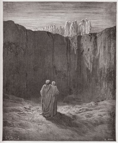 The Divine Comedy (La Divina Commedia, La Divine Comedie), Purgatorio, Canto 3: The company of souls on the cliff - av Dante Alighieri (1265-1321) - Illustration av Gustave Dore (1832-1883) av Gustave Dore