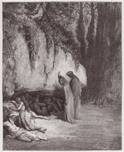 The Divine Comedy (La Divina Commedia, La Divine Comedie), Purgatorio, Canto 4: The indolent souls beside the rock - av Dante Alighieri (1265-1321) - Illustration av Gustave Dore (1832-1883) av Gustave Dore