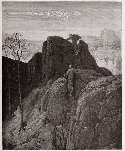 The Divine Comedy (La Divina Commedia, La Divine Comedie), Purgatorio, Canto 4: Vergilius leder Dante uppför den karga bergssidan - av Dante Alighieri (1265-1321) - Illustration av Gustave Dore (1832-1883) av Gustave Dore
