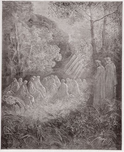 The Divine Comedy (La Divina Commedia, La Divine Comedie), Purgatorio, Canto 7: Andarna som sjunger Salve Regina in the dell - av Dante Alighieri (1265-1321) - Illustration av Gustave Dore (1832-1883) av Gustave Dore