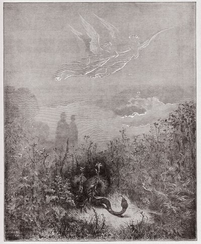 The Divine Comedy (La Divina Commedia, La Divine Comedie), Purgatorio, Canto 8: Änglarna driver bort ormen - av Dante Alighieri (1265-1321) - Illustration av Gustave Dore (1832-1883) av Gustave Dore
