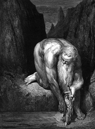 Den gudomliga komedin, av Dante: The Giant Antaeus. av Gustave Dore