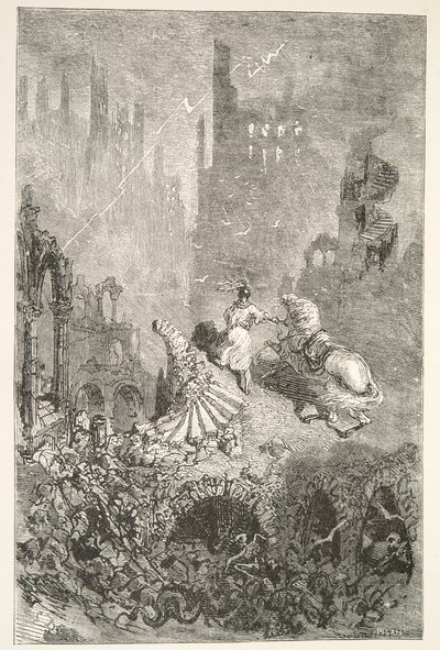 The Downfall of King Pellams Castle, från Stories of the Days of King Arthur av Charles Henry Hanson, pub.1898 av Gustave Dore