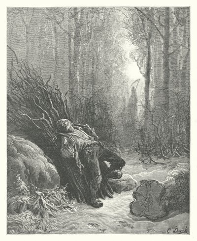 La Fontaines fabler: Döden och skogshuggaren (gravyr) av Gustave Dore