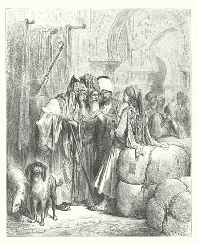 La Fontaines fabler: Bashawen och köpmannen (gravyr) av Gustave Dore