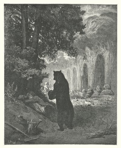 La Fontaines fabler: Björnen och trädgårdsamatören (gravyr) av Gustave Dore