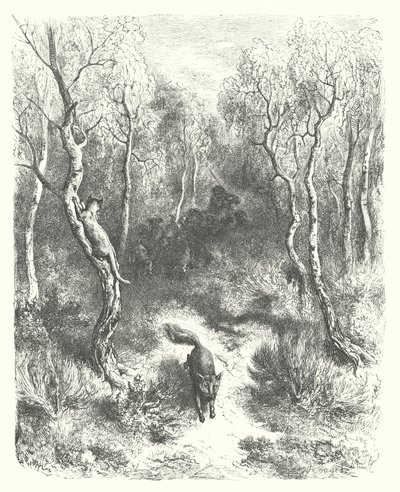 La Fontaines fabler: Katten och räven (gravyr) av Gustave Dore