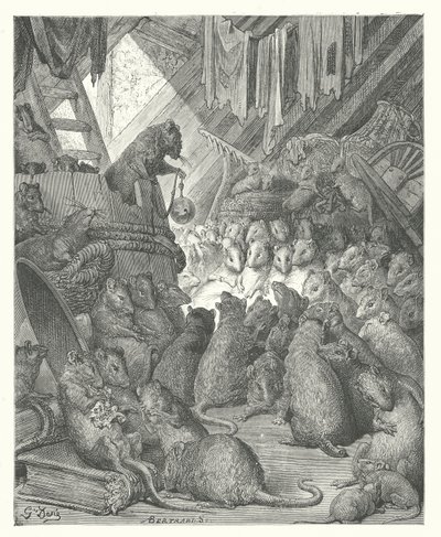 La Fontaines fabler: Rådet som hölls av råttorna (gravyr) av Gustave Dore