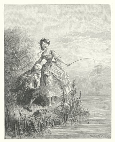 La Fontaines fabler: Fisken och herden som spelade på klarionetten (gravyr) av Gustave Dore