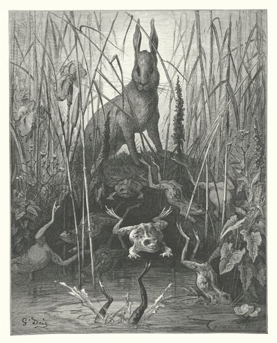 La Fontaines fabler: Haren och grodorna (gravyr) av Gustave Dore