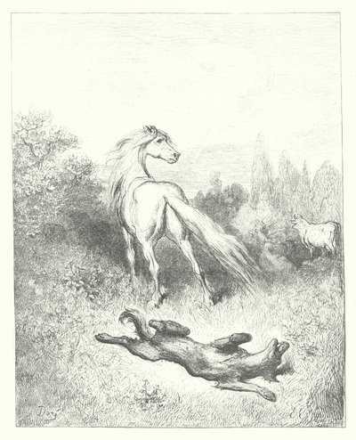 La Fontaines fabler: Hästen och vargen (gravyr) av Gustave Dore
