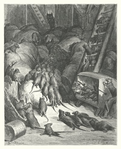 La Fontaines fabler: Råttornas förbund (gravyr) av Gustave Dore