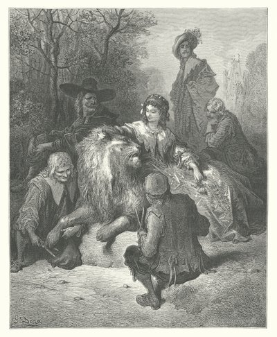 La Fontaines fabler: Det förälskade lejonet (gravyr) av Gustave Dore