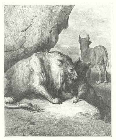 La Fontaines fabler: Lejonet, vargen och räven (gravyr) av Gustave Dore