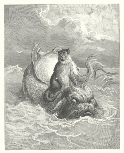 La Fontaines fabler: Apan och delfinen (gravyr) av Gustave Dore