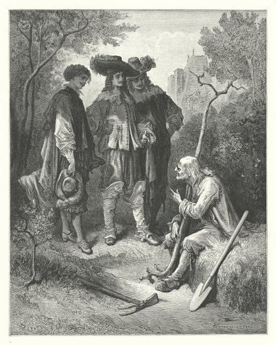 La Fontaines fabler: Den gamle mannen och de tre unga männen (gravyr) av Gustave Dore