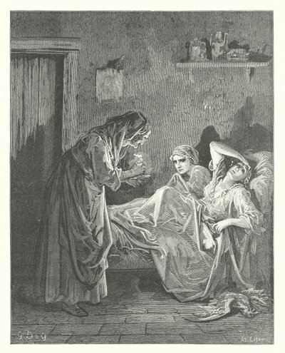 La Fontaines fabler: Den gamla kvinnan och hennes tjänare (gravyr) av Gustave Dore