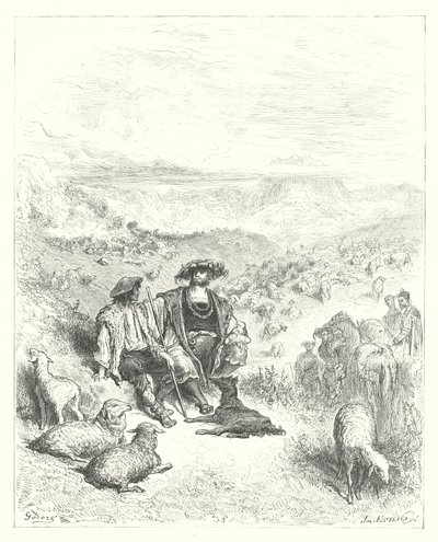 La Fontaines fabler: Fåraherden och kungen (gravyr) av Gustave Dore