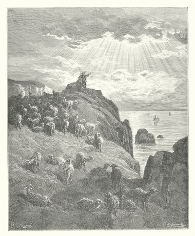La Fontaines fabler: Fåraherden och havet (gravyr) av Gustave Dore