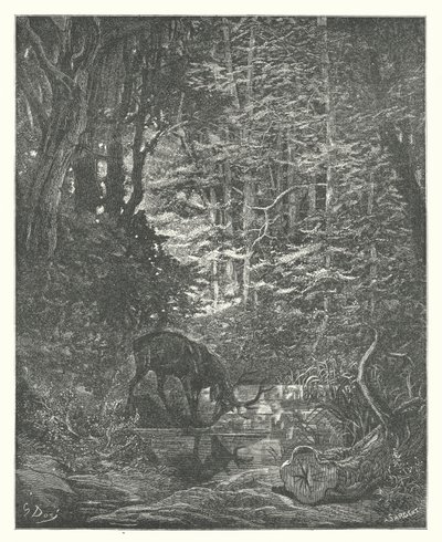 La Fontaines fabler: Hjorten som ser sig själv i strömmen (gravyr) av Gustave Dore