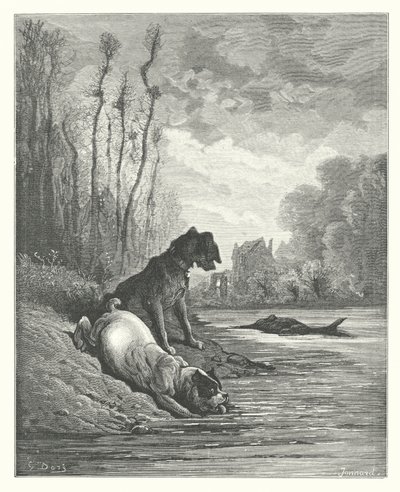 La Fontaines fabler: De två hundarna och den döda åsnan (gravyr) av Gustave Dore