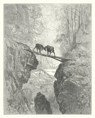 La Fontaines fabler: De två getterna (gravyr) av Gustave Dore