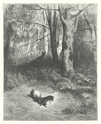La Fontaines fabler: De två råttorna, räven och ägget (gravyr) av Gustave Dore