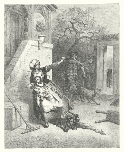 La Fontaines fabler: Vargen, modern och barnet (gravyr) av Gustave Dore