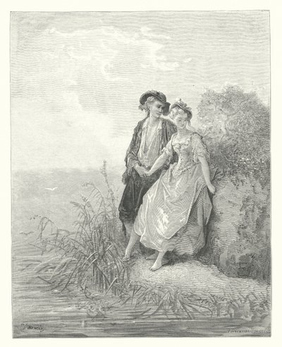 La Fontaines fabler: Tircis och Amaranth (gravyr) av Gustave Dore
