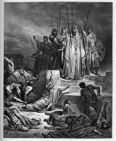 Hungersnöden i Samaria - Gamla testamentet: Belägringen av Samaria. Kungen av Syrien belägrar staden Samaria och reducerade den till en fruktansvärd hungersnöd - - gravyr i "The Bible illustree" av Gustave Dore (1832-1883) - Gravyr från "" The Dore Bible"" av Gustave Dore