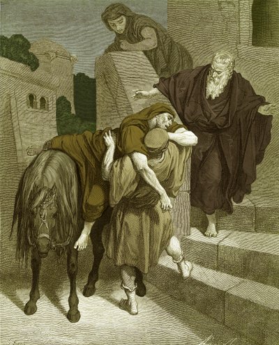 Den barmhärtige samariten på värdshuset, av Doré. - Bibeln av Gustave Dore
